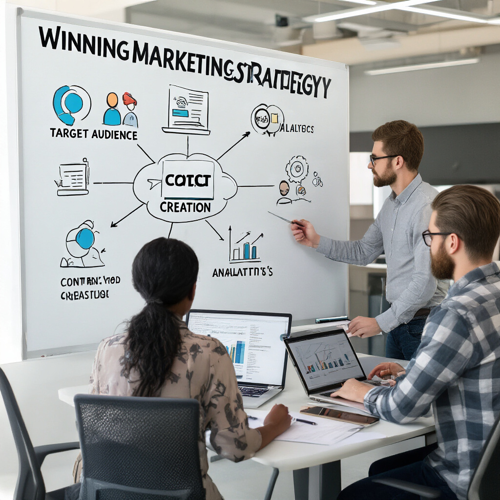 Create a realistic image of a professional workspace with a marketing strategy mind map on a whiteboard, showing interconnected elements like target audience, content creation, and analytics, with a diverse marketing team (one black female, one white male) collaboratively working on laptops and documents, modern office setting with natural lighting, and the phrase "Winning Marketing Strategy" prominently displayed at the top of the whiteboard.